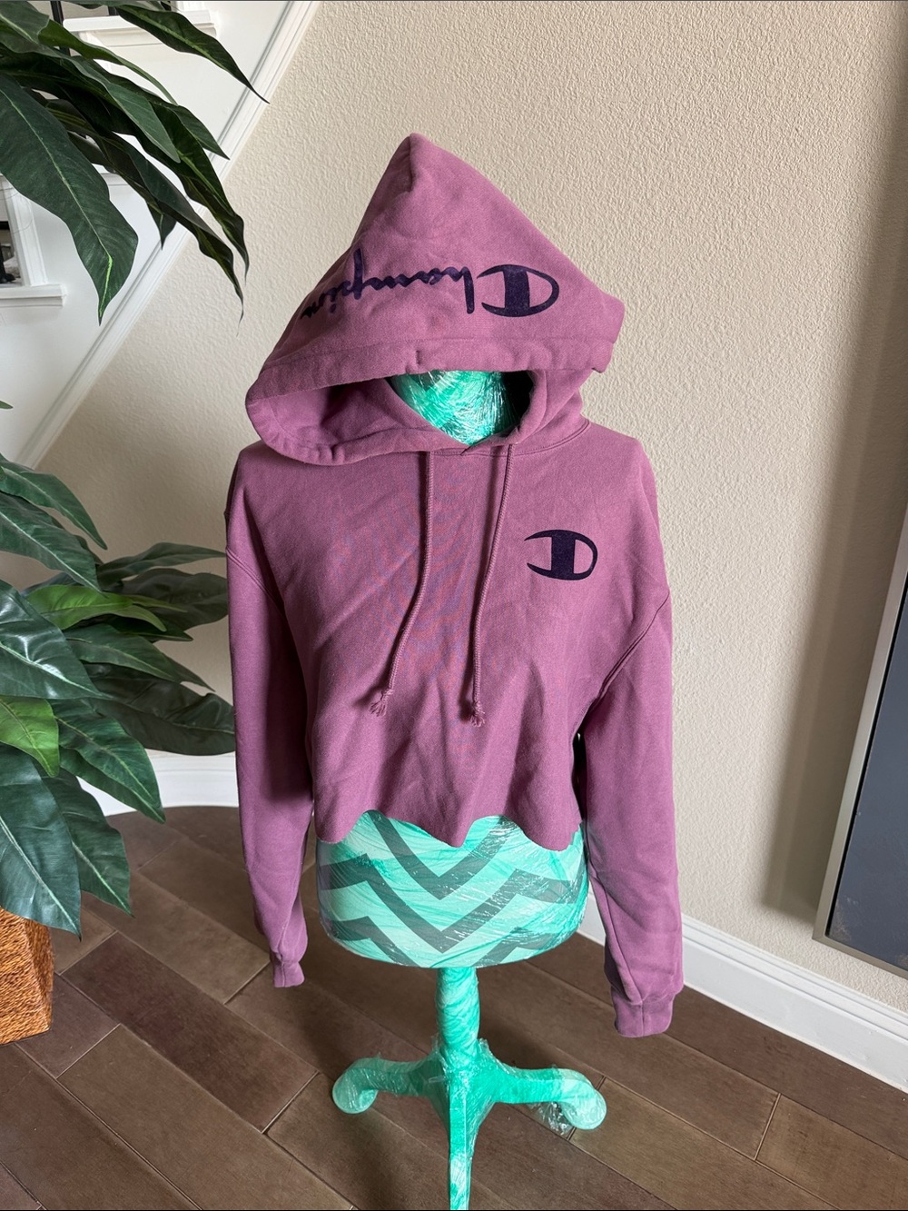 Champion Cropped Hoodie in Plum with Navy Logo